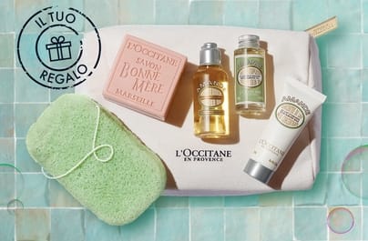 Omaggio trousse + 3 essenziali Mandorla + spugna di Konjac