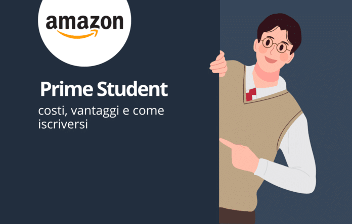 Illustrazione di uno studente che indica il logo Amazon con il testo