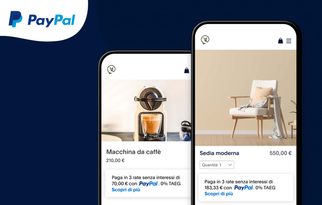 Interfaccia dell'app PayPal con opzioni di pagamento visibili su due smartphone