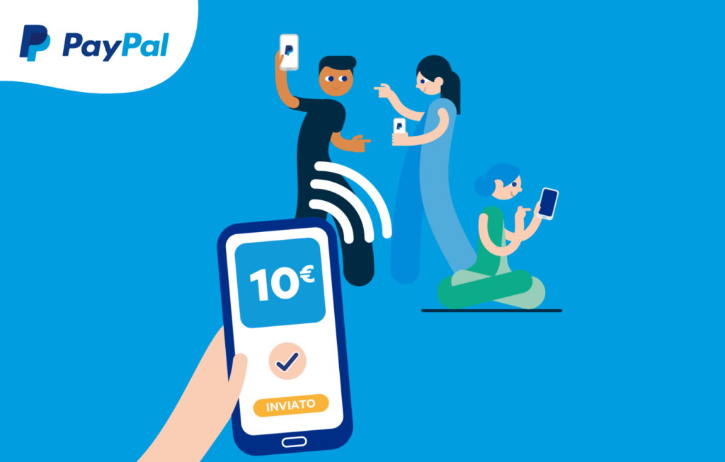 Illustrazione che mostra l'invio di 10 euro con PayPal a più contatti tramite smartphone