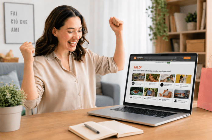 Donna che festeggia davanti al computer mentre consulta le offerte dei saldi su Topnegozi