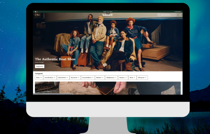 Homepage Timberland con modelli e collezione scarpe e abbigliamento