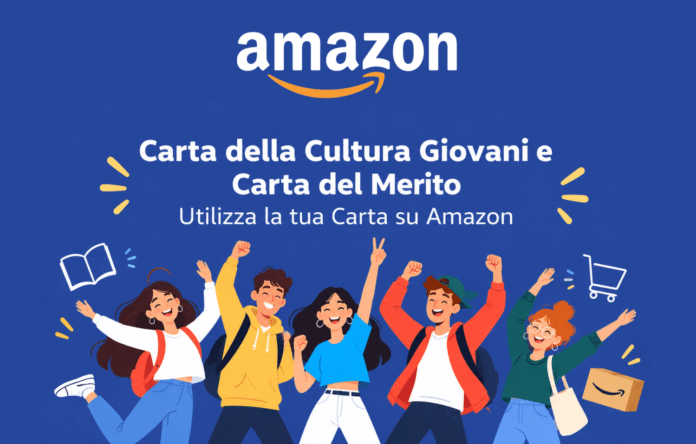 Illustrazione della Carta della Cultura Giovani e della Carta del Merito da utilizzare su Amazon con ragazzi in festa