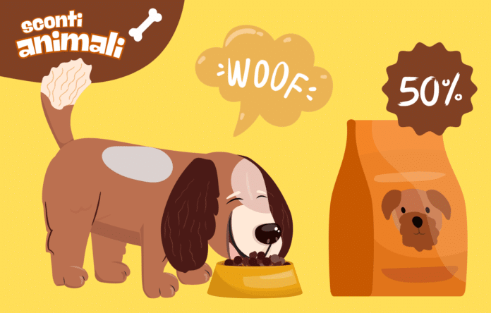 Illustrazione di un cane che mangia crocchette vicino a un sacco di cibo, con logo sconti animali.
