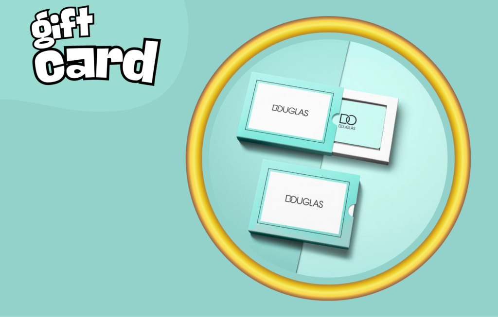 Gift card Douglas presentata in un raffinato cofanetto turchese con packaging coordinato, ideale per un regalo beauty di classe