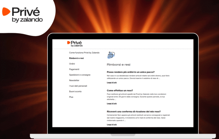 Schermata della pagina resi e rimborsi di Prive by Zalando visualizzata su laptop con indicazioni su come effettuare un reso