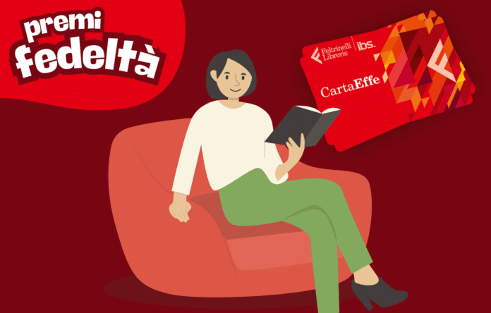 Illustrazione con donna che legge su una poltrona e CartaEffe Feltrinelli e IBS: simbolo del programma fedeltà che premia chi acquista cultura.