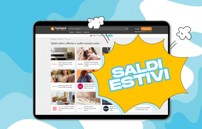 Schermata del sito Topnegozi con saldi estivi 2025, codici sconto attivi e offerte online fino al 70% su moda, elettronica e viaggi