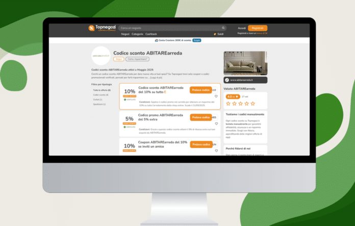 Utilizza i codici sconto ABITAREarreda disponibili su Topnegozi per ottenere vantaggi esclusivi.