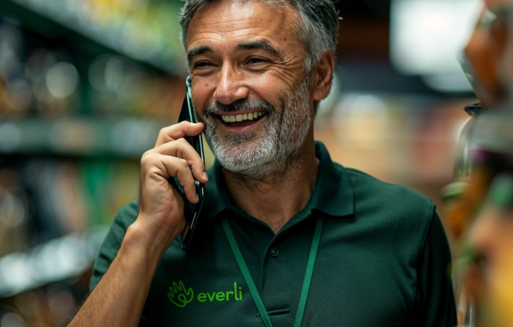 Assistenza Everli dal vivo: uno shopper risponde alle richieste mentre seleziona i prodotti per il cliente.