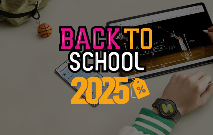 Grafica Back to School 2025 con tablet e smartwatch: promozioni e tecnologia per studenti
