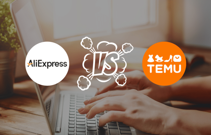 Mani su tastiera con loghi AliExpress e Temu a confronto