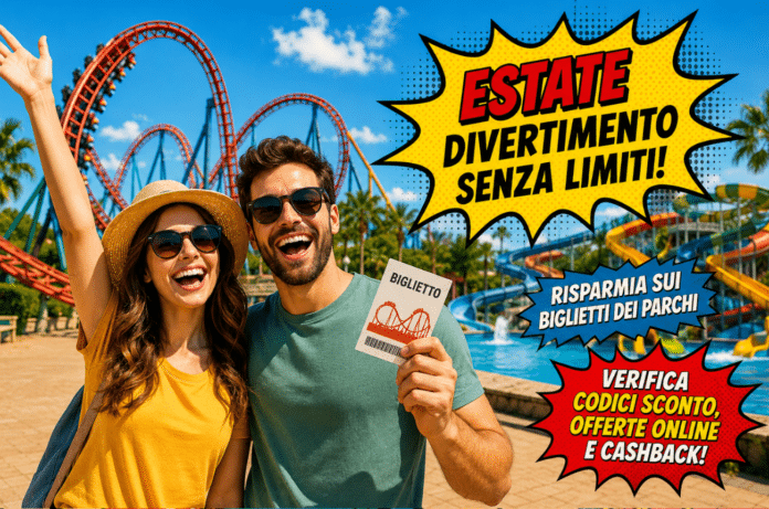 Coppia felice in un parco divertimento con biglietti e offerte per risparmiare durante l'estate