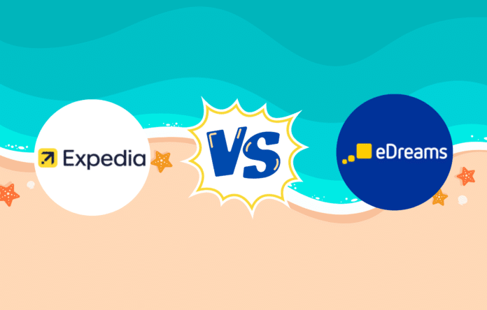 Confronto tra Expedia e eDreams con sfondo estivo: loghi dei due portali di viaggio