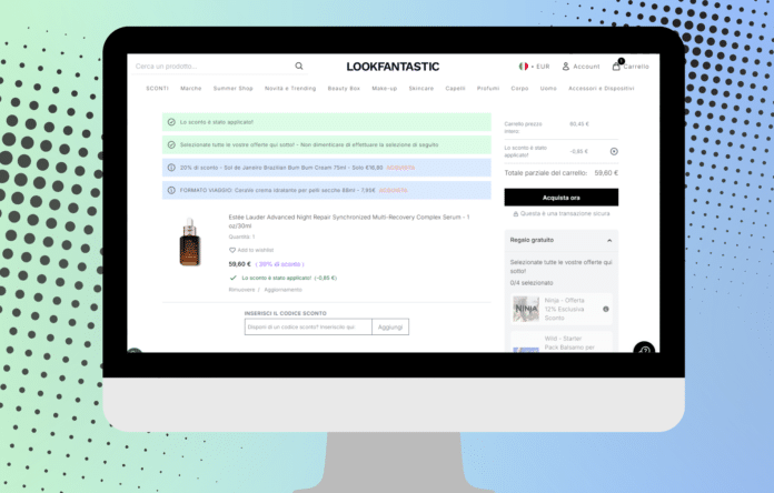 Schermata del carrello Lookfantastic con campo per inserire un codice sconto trovato su Topnegozi