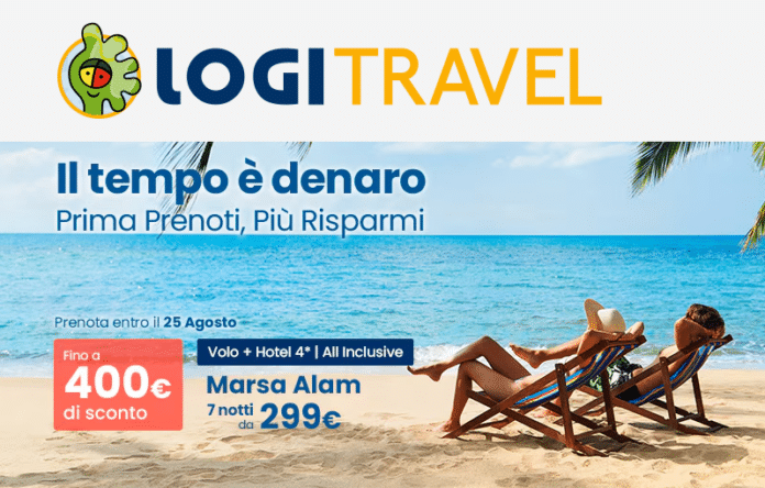 Immagine promozionale Logitravel con due viaggiatori in spiaggia, campagna