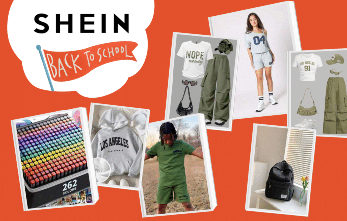 Immagine promozionale SHEIN Back to School 2025 con outfit sportivi, zaino, felpe Los Angeles, set di pennarelli e accessori scolastici alla moda