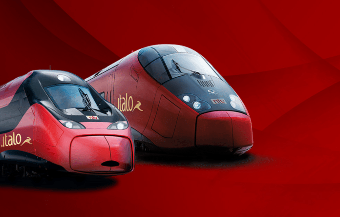 Treni ad alta velocità Italo su sfondo rosso, simbolo di modernità e risparmio