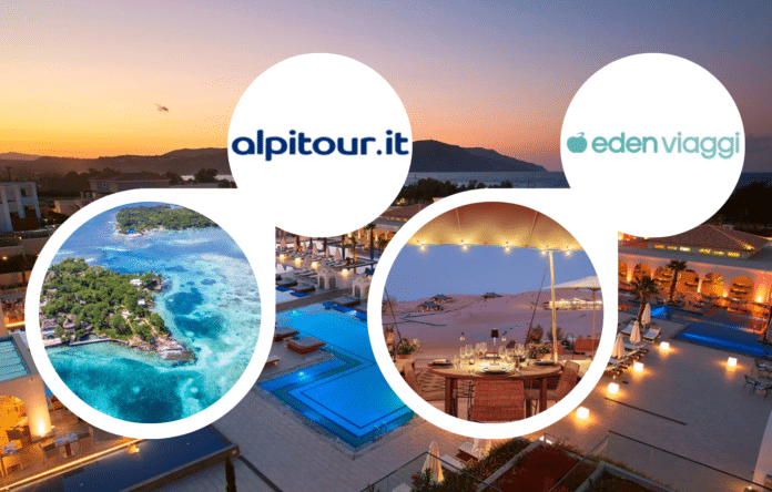 Grafica confronto tra Alpitour ed Eden Viaggi su sfondo tropicale