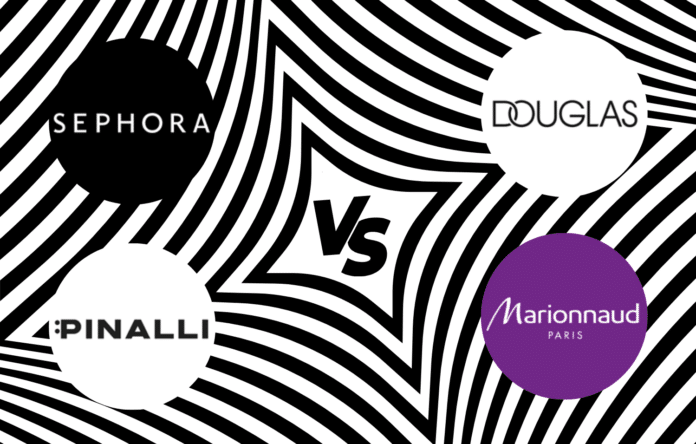 Grafica comparativa tra le profumerie online Sephora, Douglas, Pinalli e Marionnaud con sfondo optical e scritta