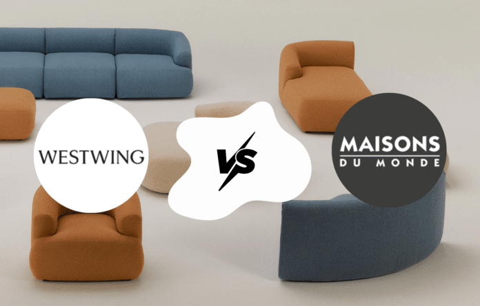 Logo Westwing e Maison du Monde a confronto su sfondo con divani di design
