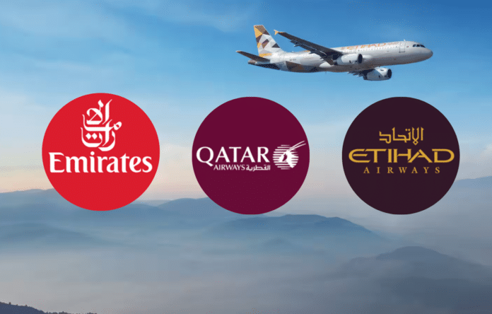 Loghi Emirates, Qatar Airways ed Etihad con aereo in volo
