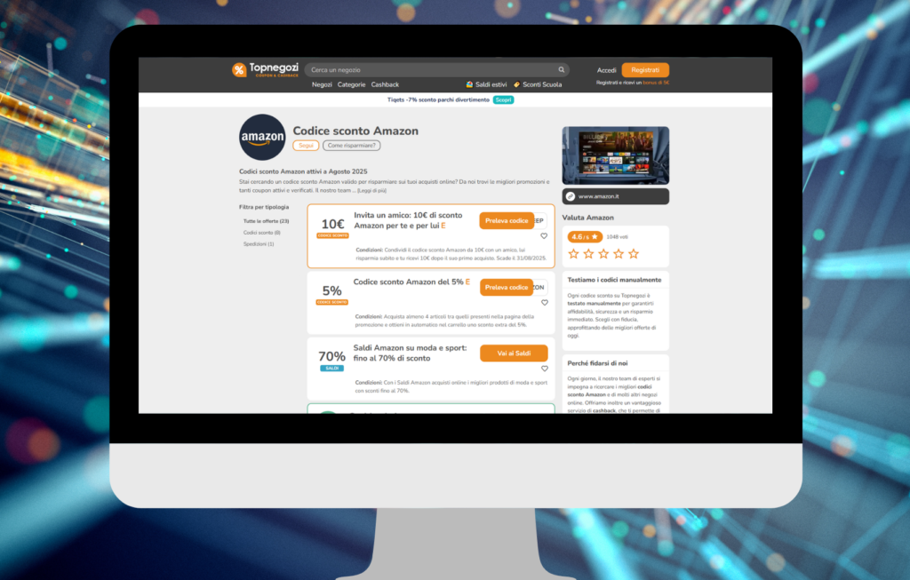 Pagina dedicata ai coupon attivi su Topnegozi con sconti aggiornati per vari negozi online