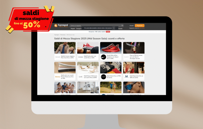 Schermata Topnegozi con saldi di mezza stagione 2025 fino al 50% su abbigliamento, scarpe e accessori