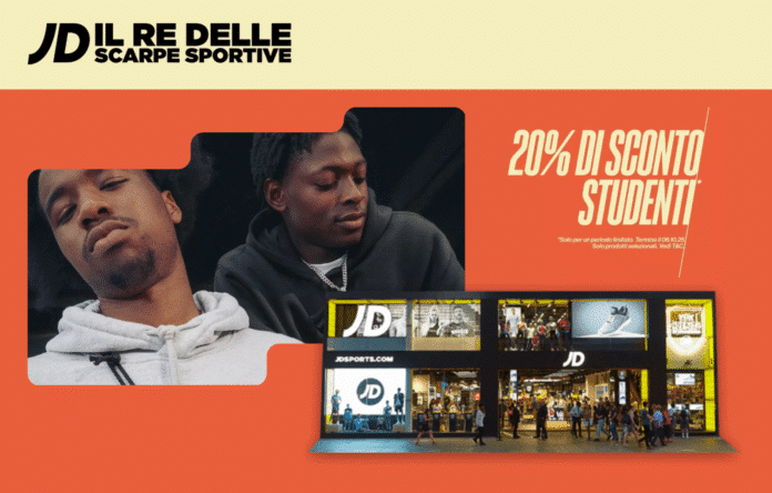 Immagine promozionale JD Sports con 20% di sconto studenti valido fino al 6 ottobre 2025 su articoli selezionati di scarpe e abbigliamento sportivo.