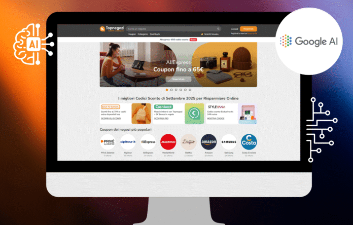 Schermata del sito Topnegozi con codici sconto e grafica AI
