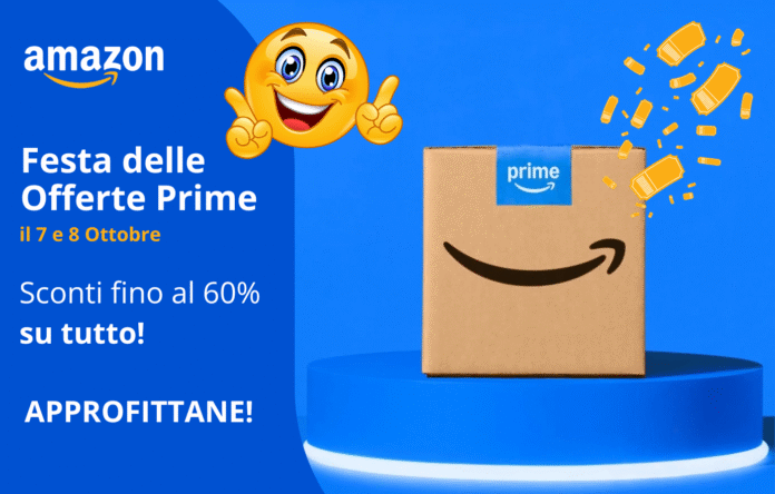 Scatola Amazon Prime con scritta “Festa delle Offerte Prime il 7 e 8 ottobre, sconti fino al 60% su tutto” su sfondo blu
