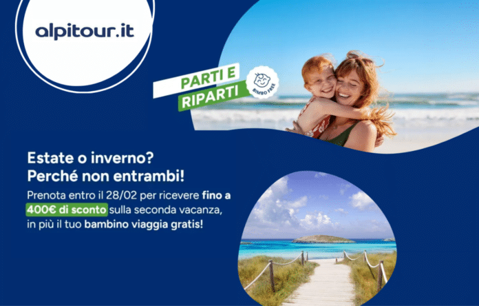 Famiglia in spiaggia durante una vacanza Alpitour con promozione Parti e Riparti e buono sconto fino a 400 euro
