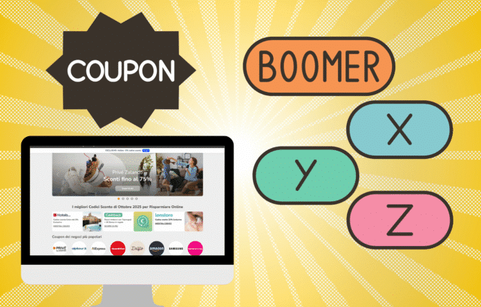 Illustrazione colorata con la scritta coupon e le generazioni Boomer, X, Y e Z che rappresentano l’uso dei codici sconto online su Topnegozi