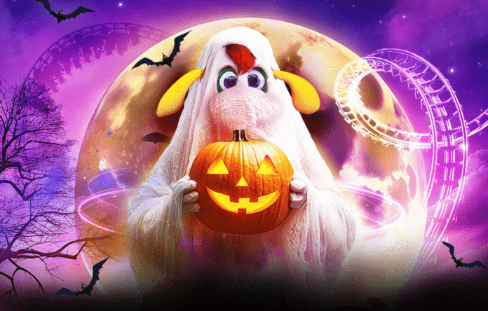 Fantasma con zucca di Halloween, immagine promozionale per eventi e offerte nei parchi divertimento