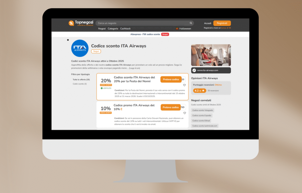 Homepage del sito ITA Airways con area offerte voli