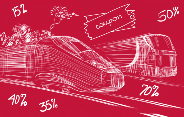 Illustrazione rossa con treno e autobus, simbolo del viaggio low cost