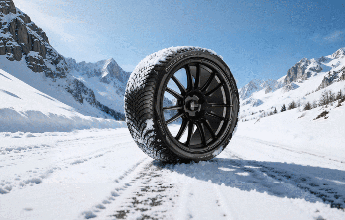 Pneumatico invernale su neve con paesaggio di montagna