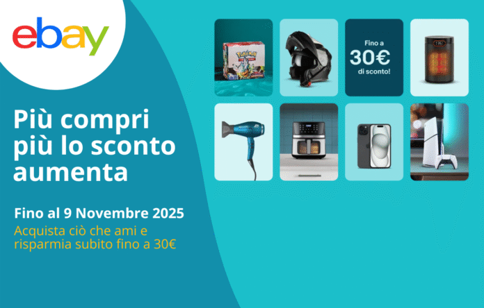 Banner promozionale eBay novembre 2025 con scritta “Più compri più lo sconto aumenta” e immagini di prodotti auto, elettronica e casa