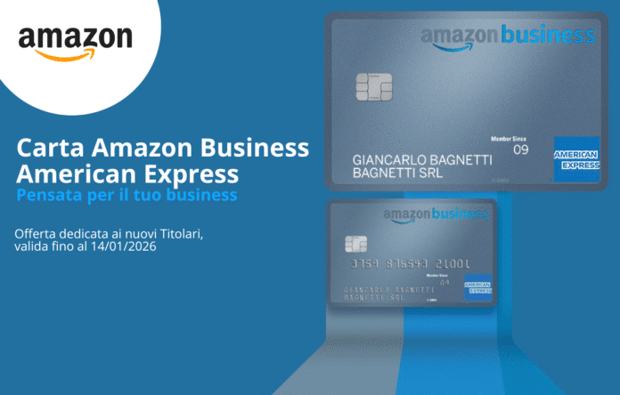 Immagine promozionale Carta Amazon Business American Express con offerta da 200 euro di riaccredito per nuovi clienti