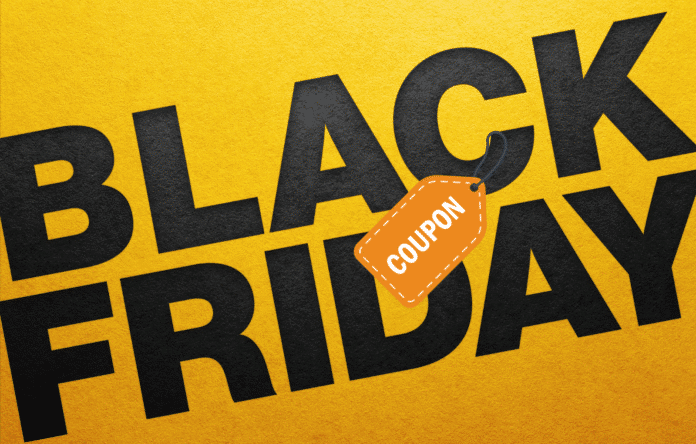 Immagine promozionale Black Friday con la parola coupon su sfondo giallo, dedicata a codici sconto e offerte