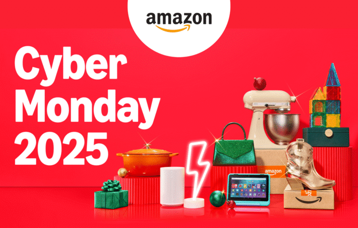 Immagine promozionale del Cyber Monday Amazon 2025 con prodotti in sconto su sfondo rosso, tra elettronica, moda, casa e idee regalo.