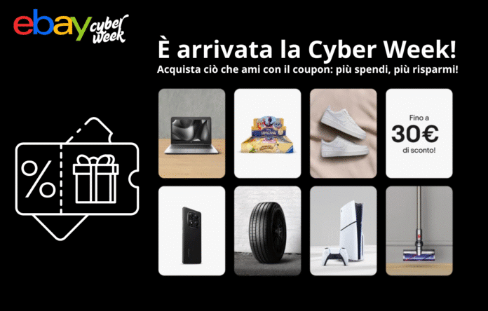 Immagine promo Cyber Week eBay 2025 con sconti fino a 30 euro su laptop, videogiochi, smartphone, scarpe e prodotti per la casa.