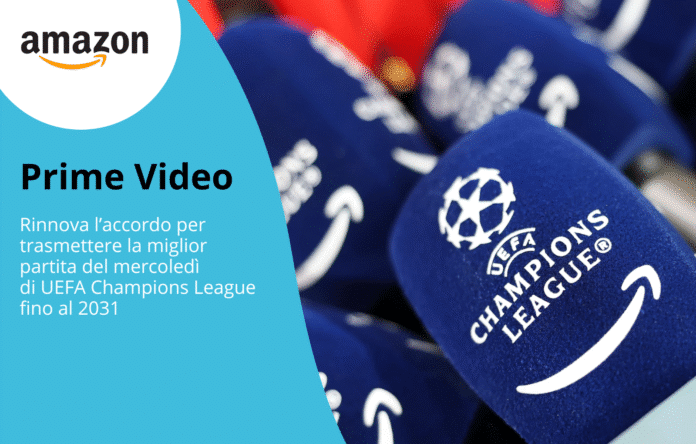 Microfoni UEFA Champions League con logo Prime Video, annuncio diritti TV fino al 2031