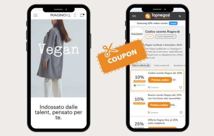 Schermata del sito Ragno e della pagina Topnegozi con i codici sconto attivi Ragno per risparmiare sugli acquisti online