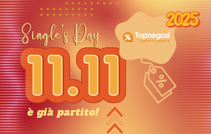 Grafica Singles Day 11.11 Topnegozi con logo e scritta “è già partito” su sfondo rosso e arancione