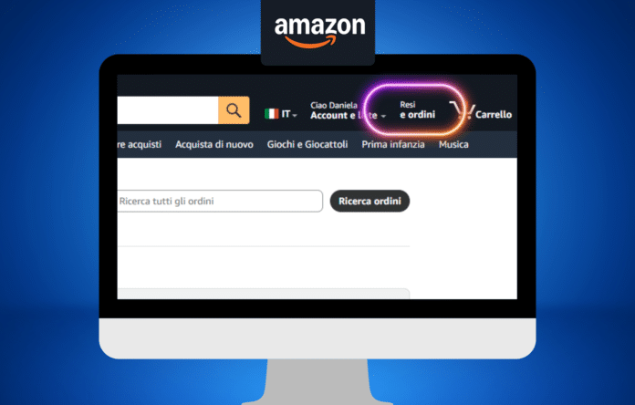 Menu Amazon con voce Resi e ordini evidenziata