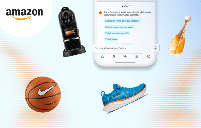 Interfaccia di Rufus, l’assistente AI di Amazon, che suggerisce prodotti durante lo shopping