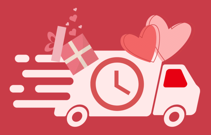 Camion delle spedizioni con orologio e cuori, simbolo dei tempi di consegna per i regali di San Valentino
