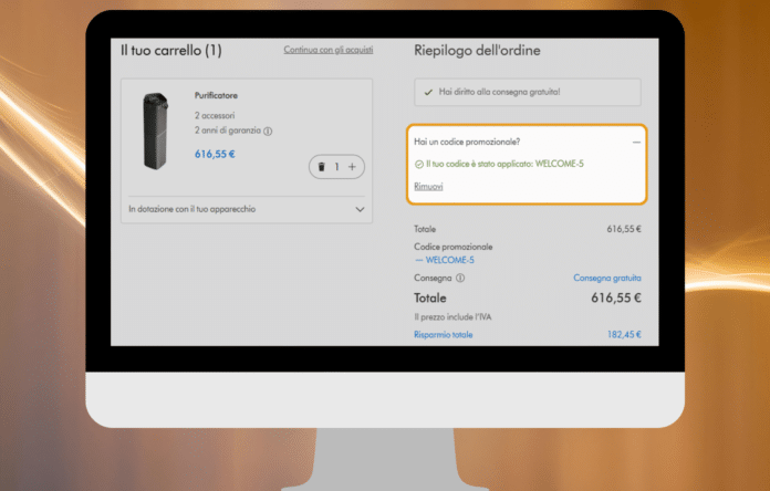 Campo codice sconto al checkout con sconto primo ordine applicato