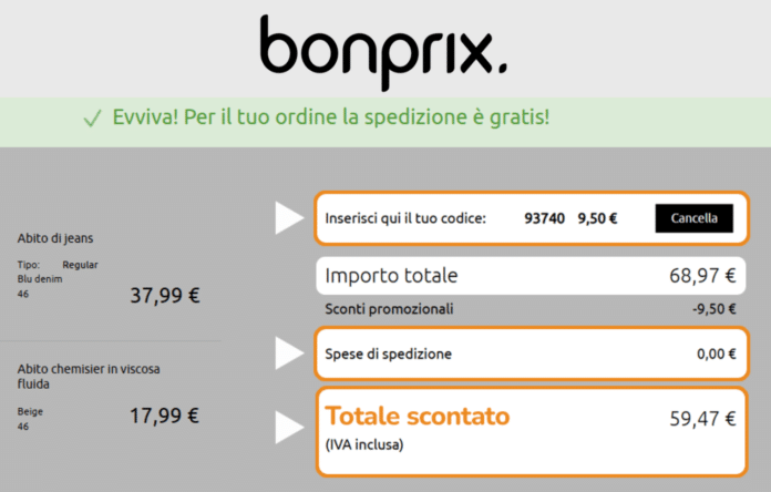 codice sconto Bonprix inserito nel carrello con totale scontato e spedizione gratuita